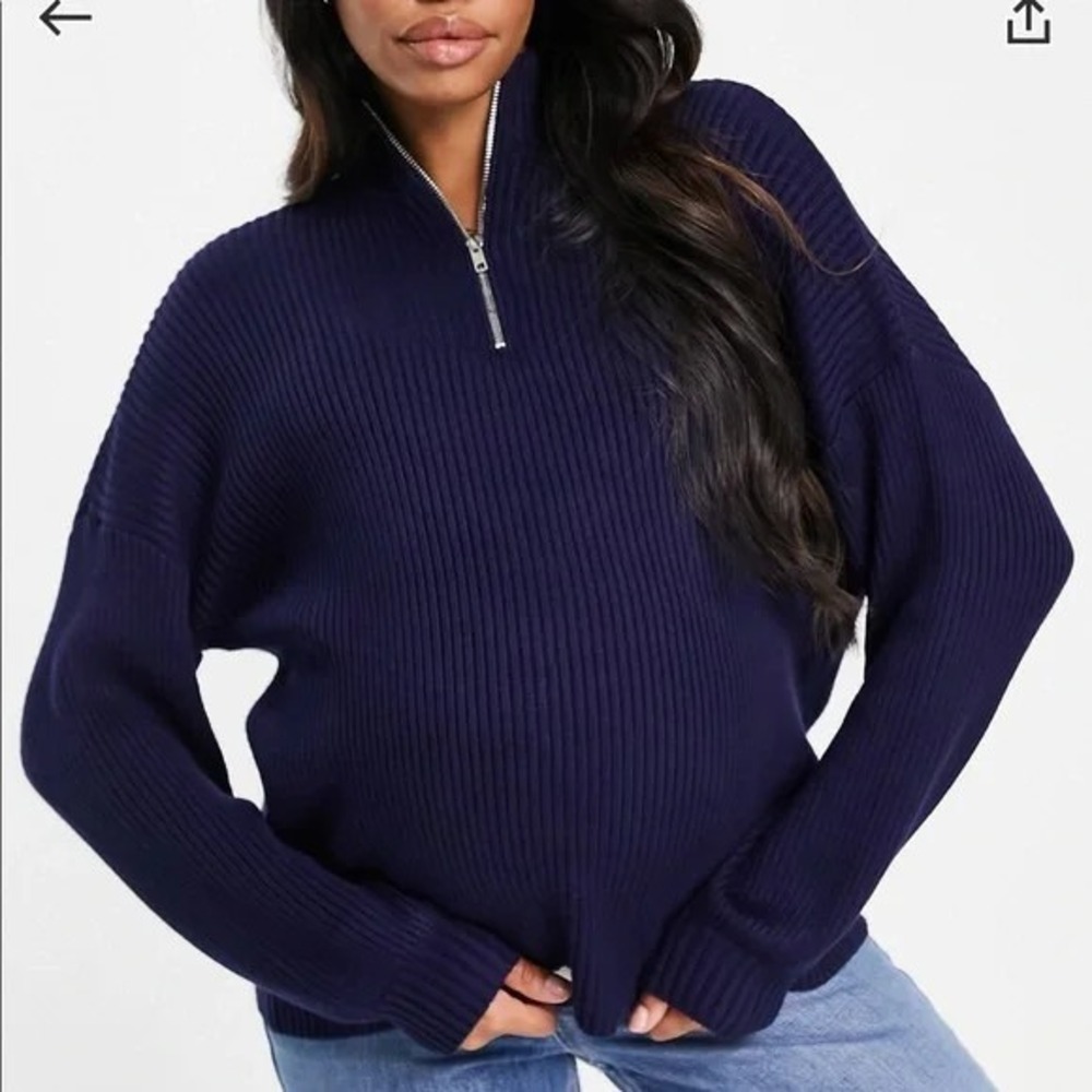 ASOS‎ DESIGN MATERNITY Sweater Womens 4 Navy Ribbed Knit Half Zip Mock Neck